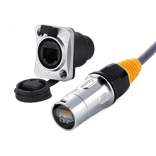 IP65 Waterproof Inline RJ45 Dual Port Metal Flange Ethernet Cable Signal Connector